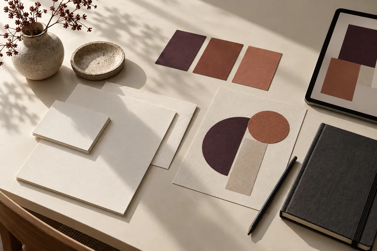 Paper, color swatches and an abstract composition on a design desk.